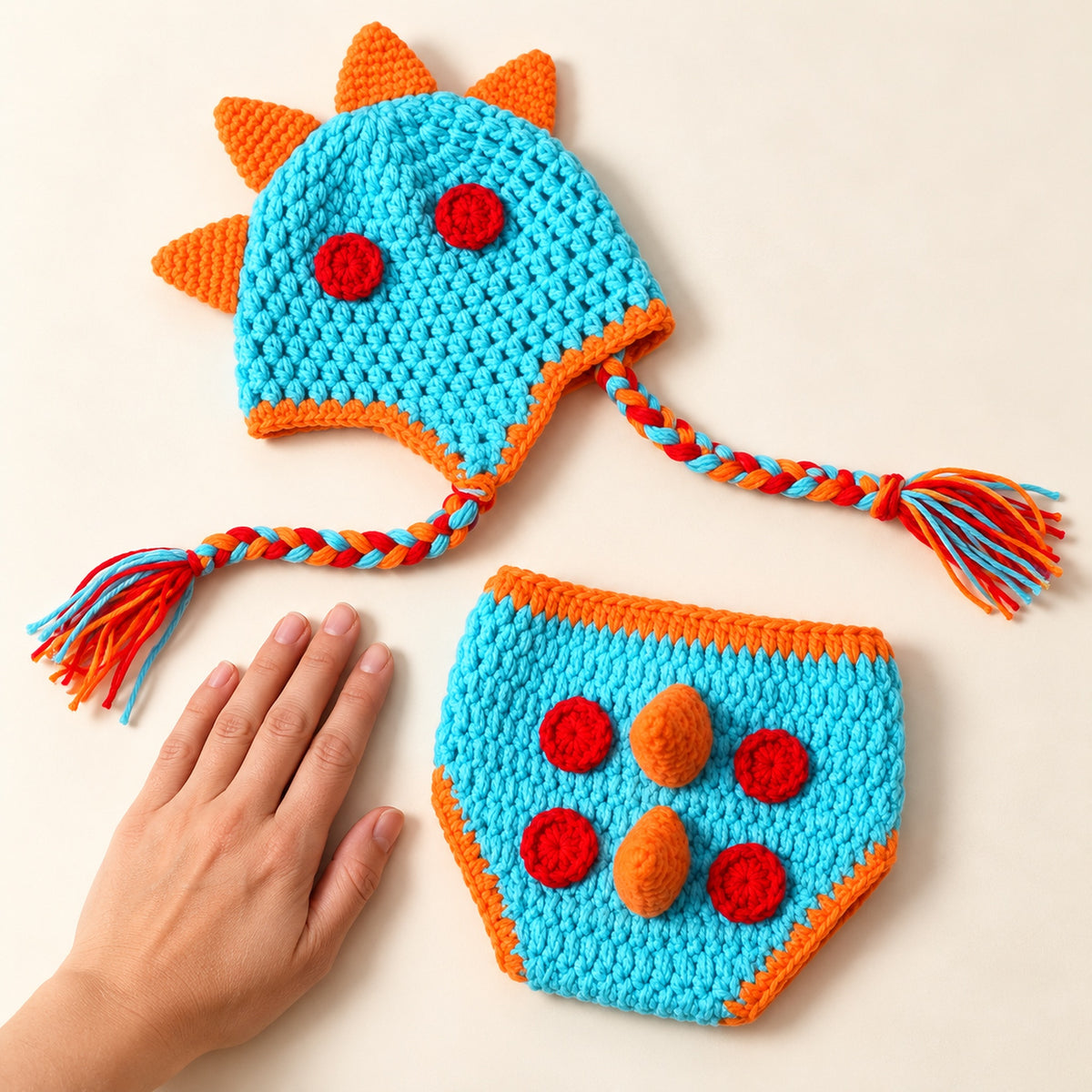 Blue and orange Lumiwee dinosaur crochet set beside an adult hand for scale