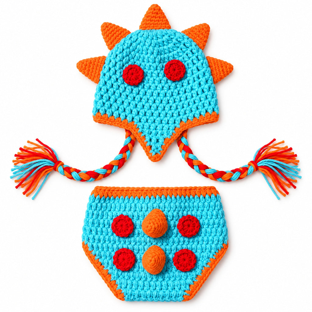 Blue and orange Lumiwee dinosaur crochet hat and diaper cover on a white background
