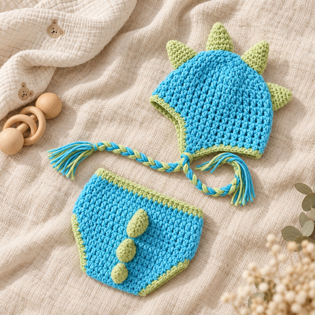 Lumiwee Dinosaur Crochet Newborn Photo Props Set, Blue & Green / 0-3 Months option
