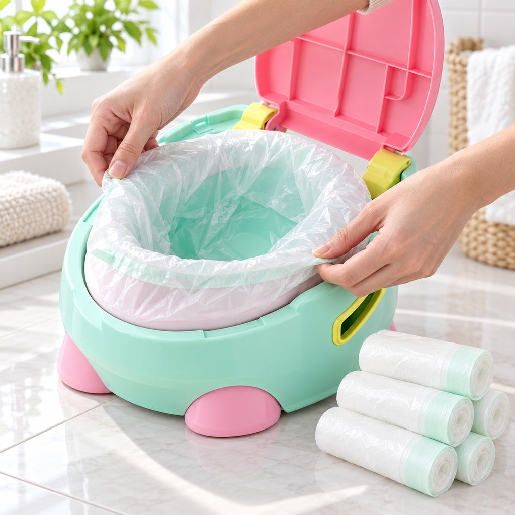 Adult fitting a Lumiwee disposable liner into a clean portable potty beside five rolls