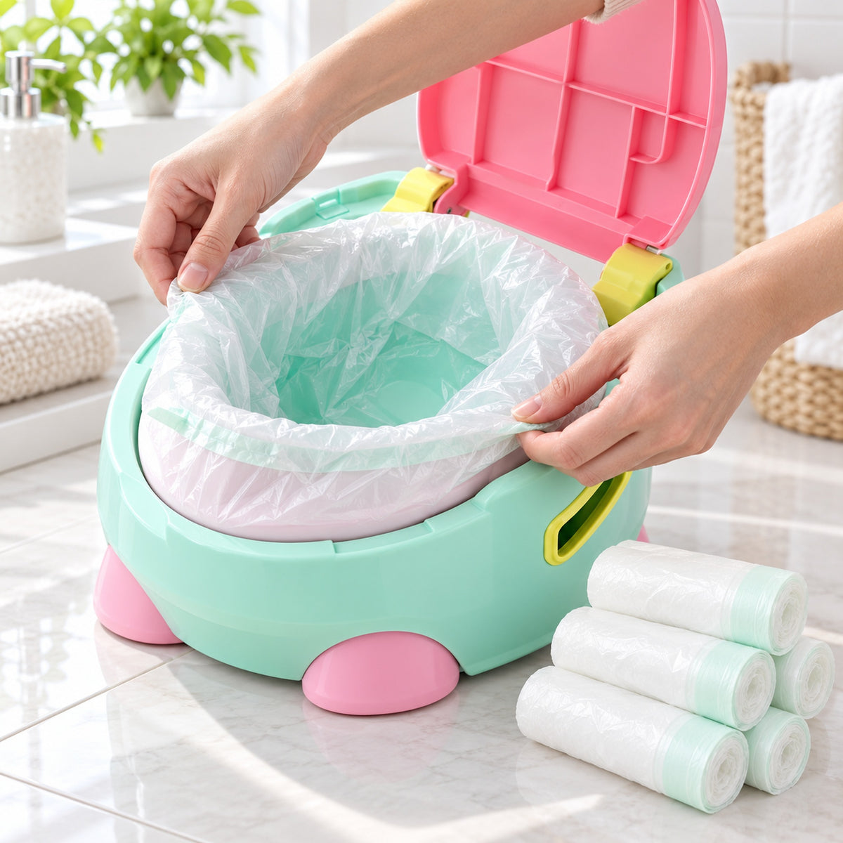 Adult fitting a Lumiwee disposable liner into a clean portable potty beside five rolls