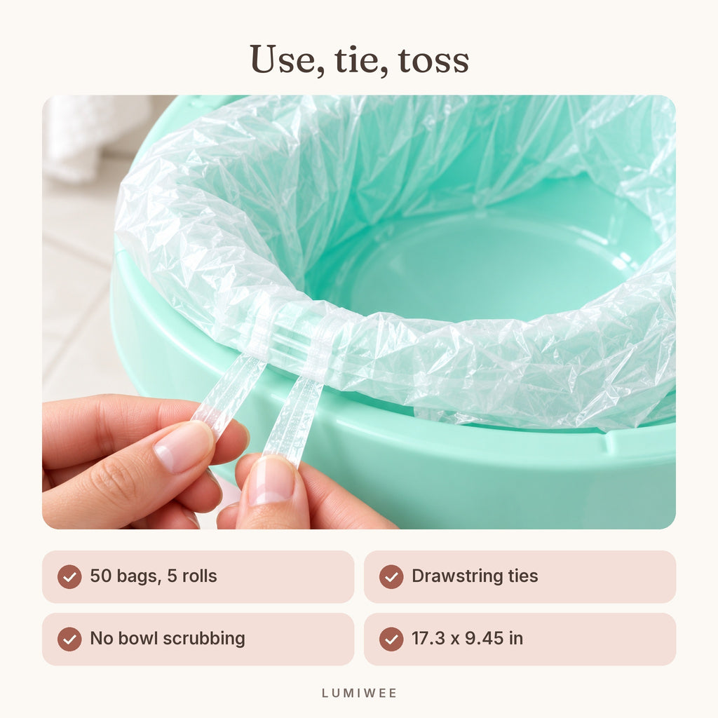 Lumiwee infographic: Potty Liners - Use, tie, toss
