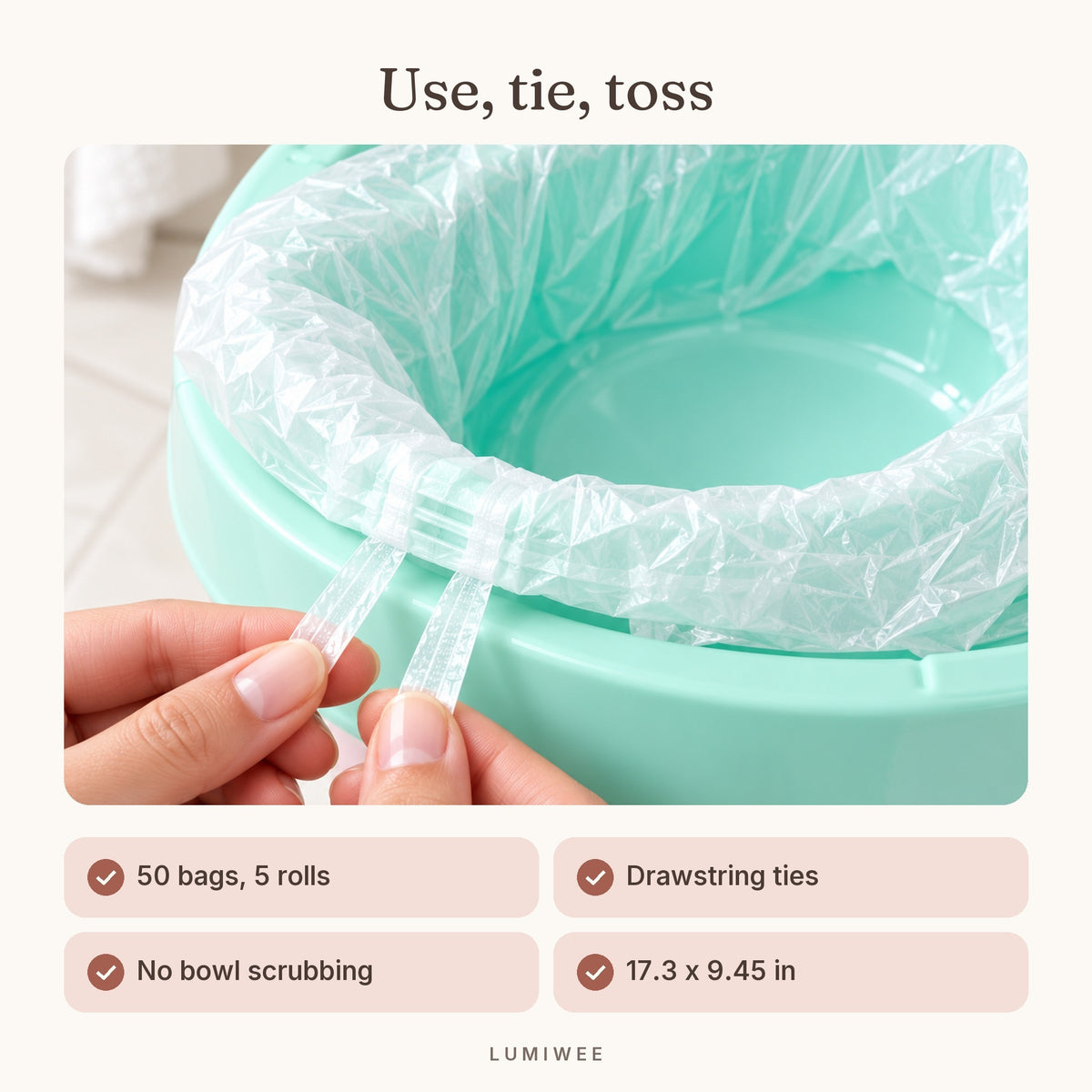 Lumiwee infographic: Potty Liners - Use, tie, toss