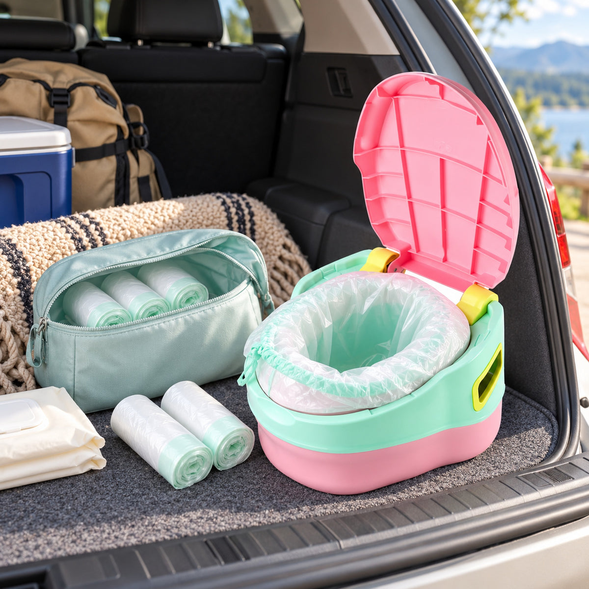 Lumiwee potty liners packed with a portable potty for a family road trip