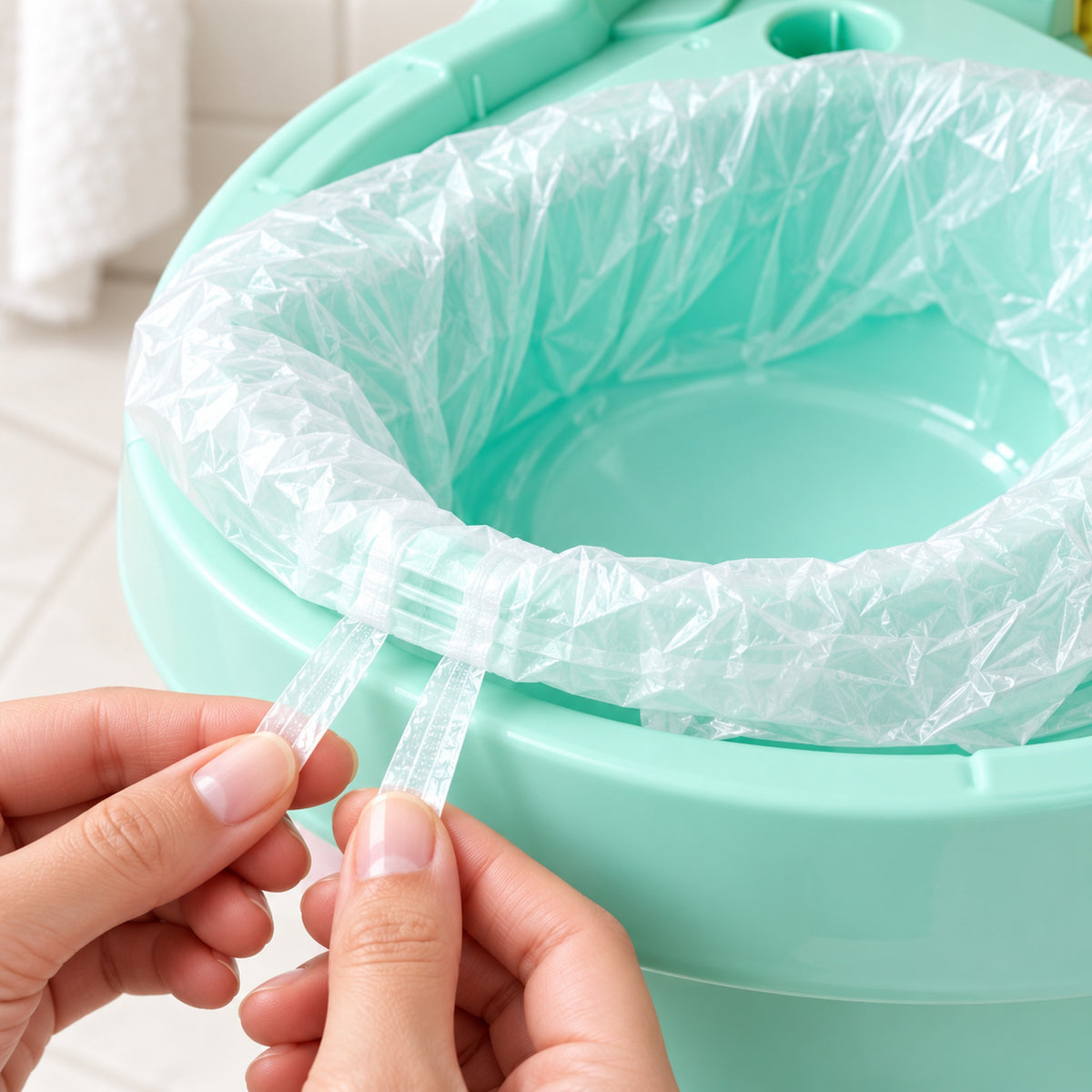 Close-up of the drawstrings on a Lumiwee disposable potty liner