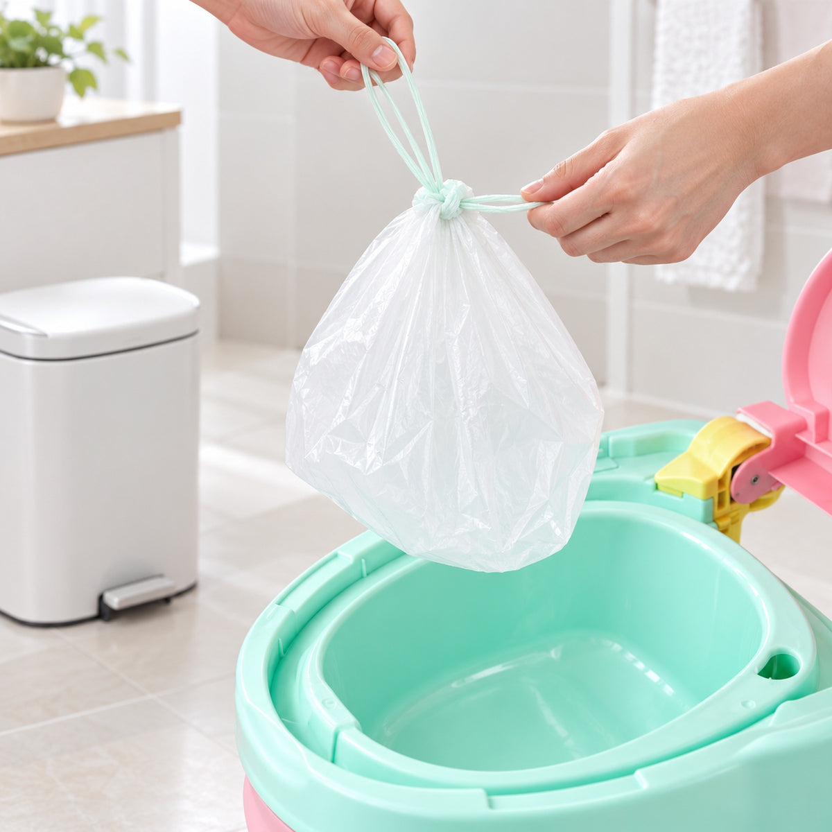 Adult tying an empty Lumiwee disposable potty liner beside a clean potty
