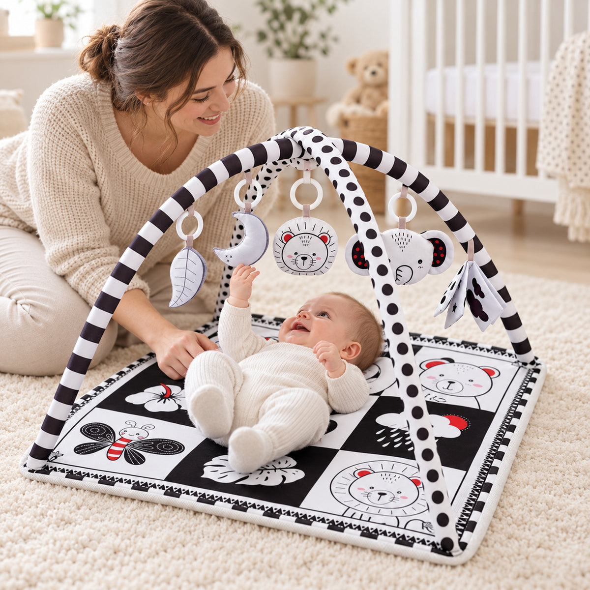 Parent supervising an awake baby on the Lumiwee Domino activity gym