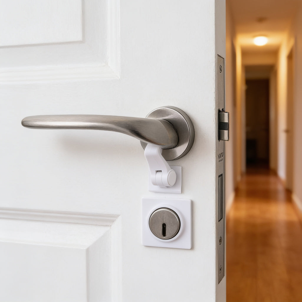 Lumiwee Adhesive door lever lock: white adhesive lever lock fitted under a door lever
