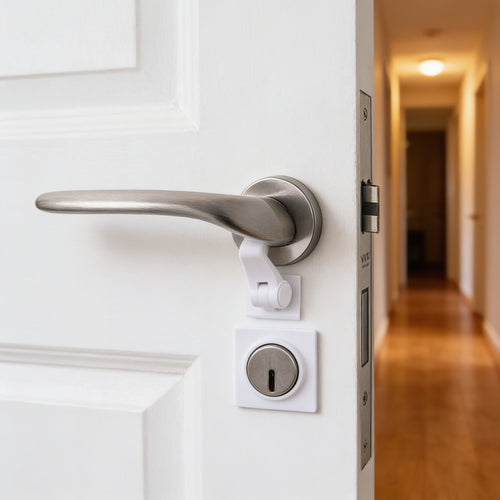 Lumiwee Adhesive door lever lock: white adhesive lever lock fitted under a door lever