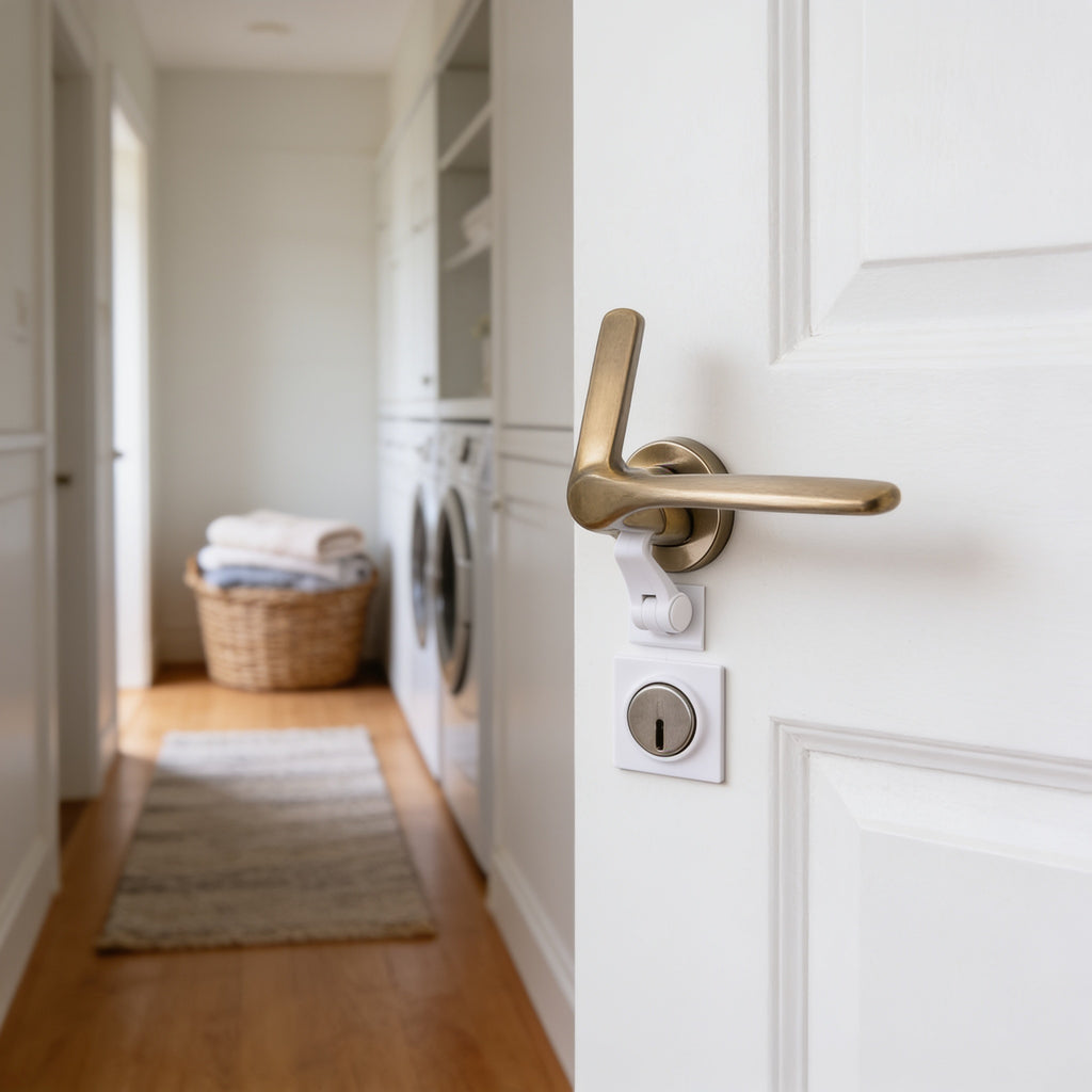 Lumiwee Adhesive door lever lock: lever lock fitted on a laundry room door