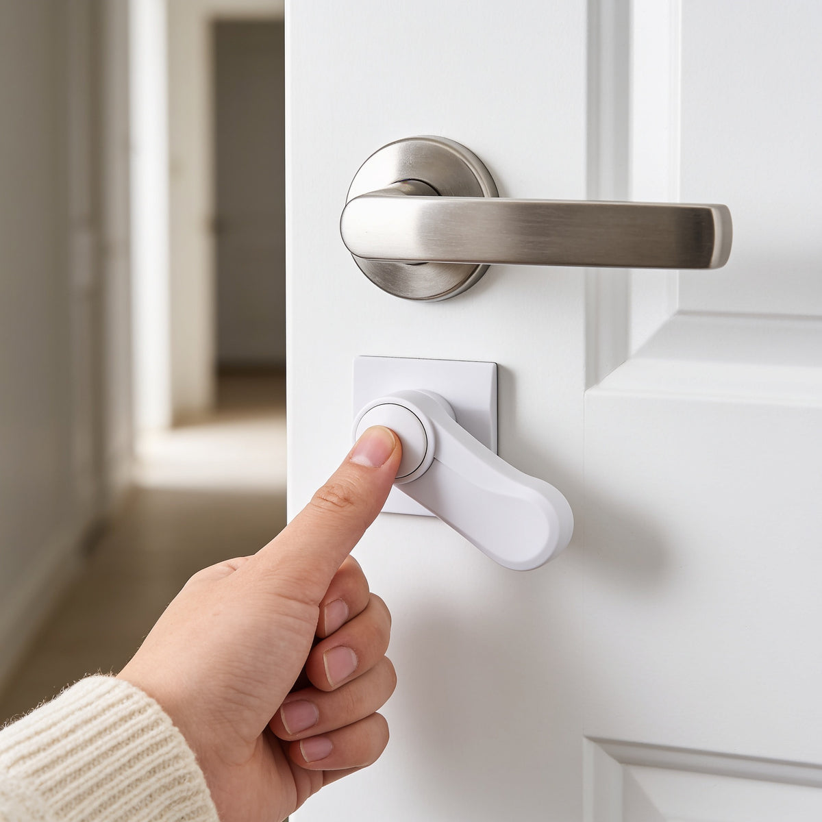 Lumiwee Adhesive door lever lock: pressing the button to swing the arm down and open the door