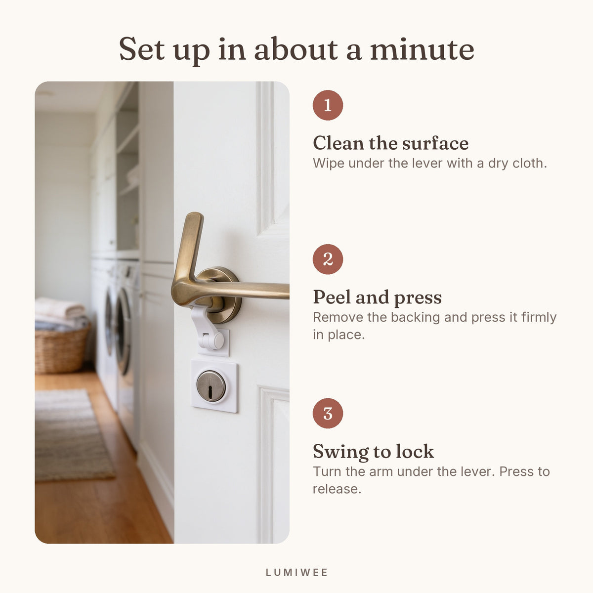Lumiwee infographic: Adhesive - Set up in about a minute