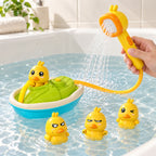 Lumiwee Drizzle Duck Shower Bath Toy Set: adult holds the shower wand above the boat and four ducks in a bath