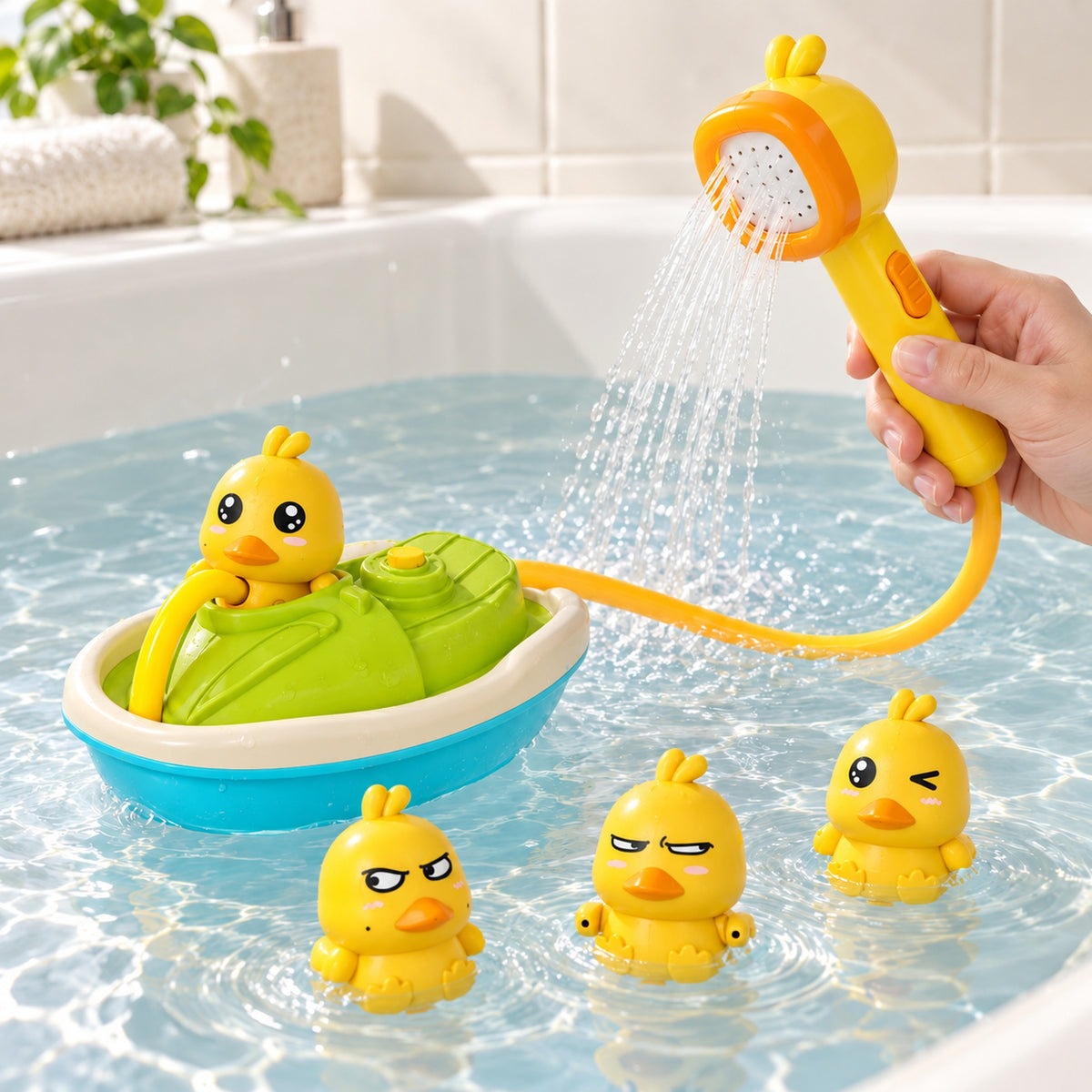 Lumiwee Drizzle Duck Shower Bath Toy Set: adult holds the shower wand above the boat and four ducks in a bath