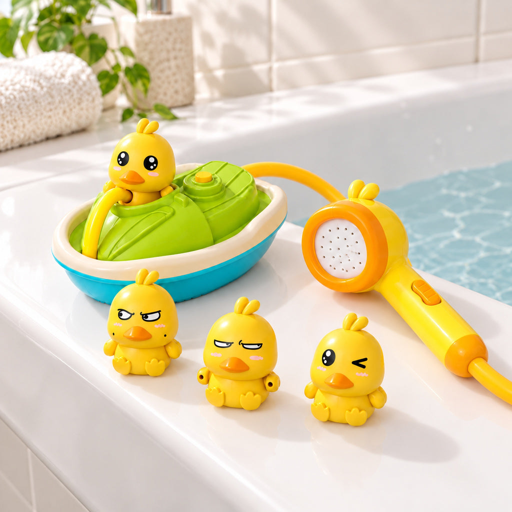 Lumiwee Drizzle Duck Shower Bath Toy Set: complete set arranged on a bathtub rim