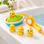 Lumiwee Drizzle Duck Shower Bath Toy Set: complete set arranged on a bathtub rim