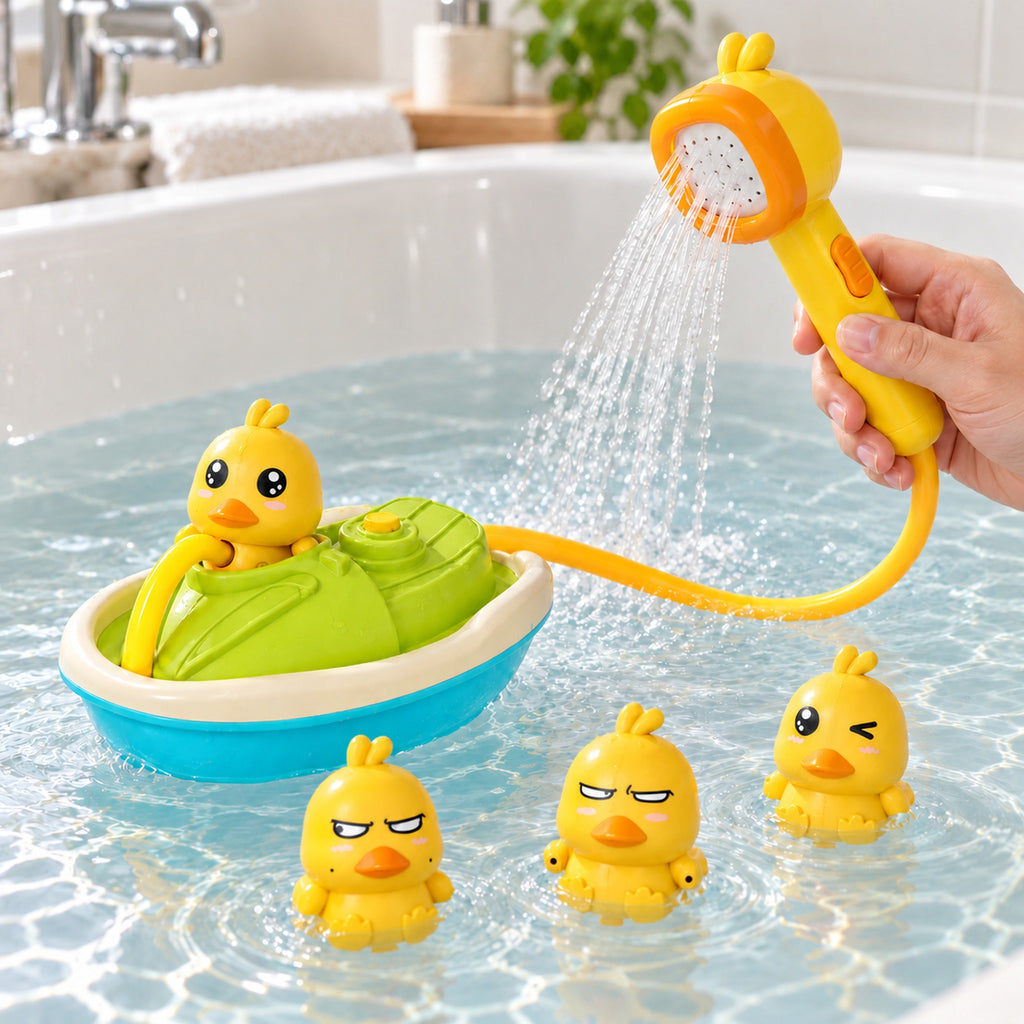 Lumiwee Drizzle Duck Shower Bath Toy Set: adult directs the shower spray into the bath
