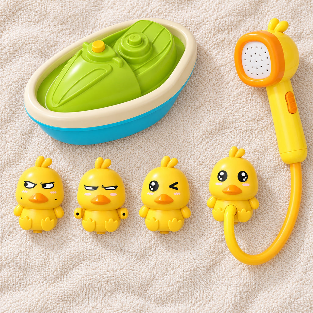 Lumiwee Drizzle Duck Shower Bath Toy Set: boat, hose, shower wand and four ducks laid out on a towel