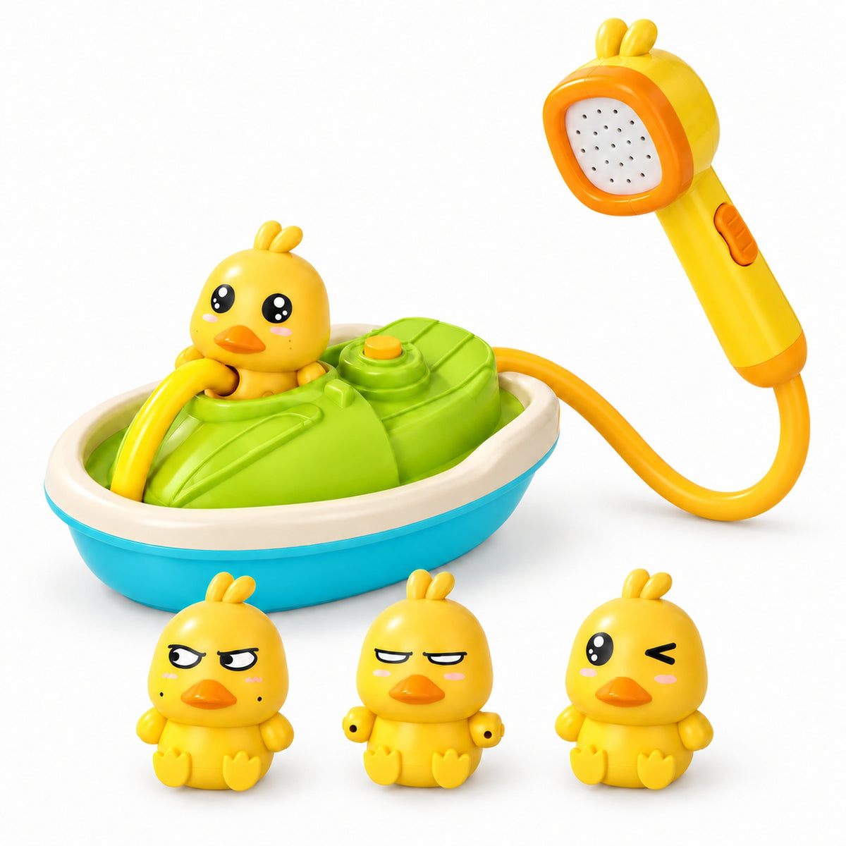 Lumiwee Drizzle Duck Shower Bath Toy Set: complete set on a white background