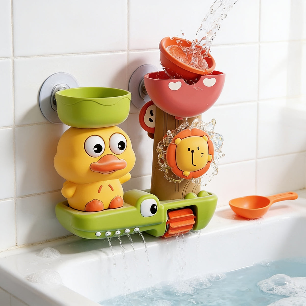 Lumiwee Duck and flower water wheel bath toy: duck water wheel bath toy on bath tiles with water pouring