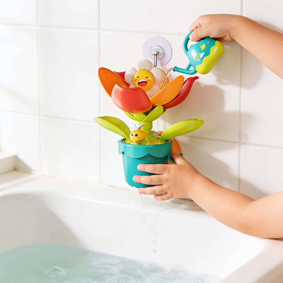 Lumiwee Duck and flower water wheel bath toy: small hands pouring the watering can into the flower toy