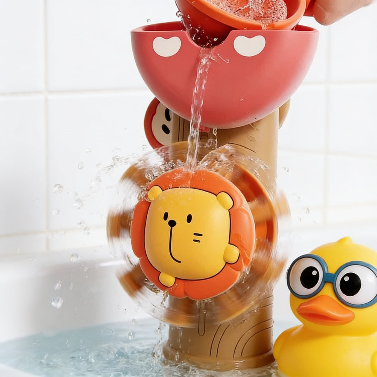 Lumiwee Duck and flower water wheel bath toy: close-up of the spinning lion water wheel