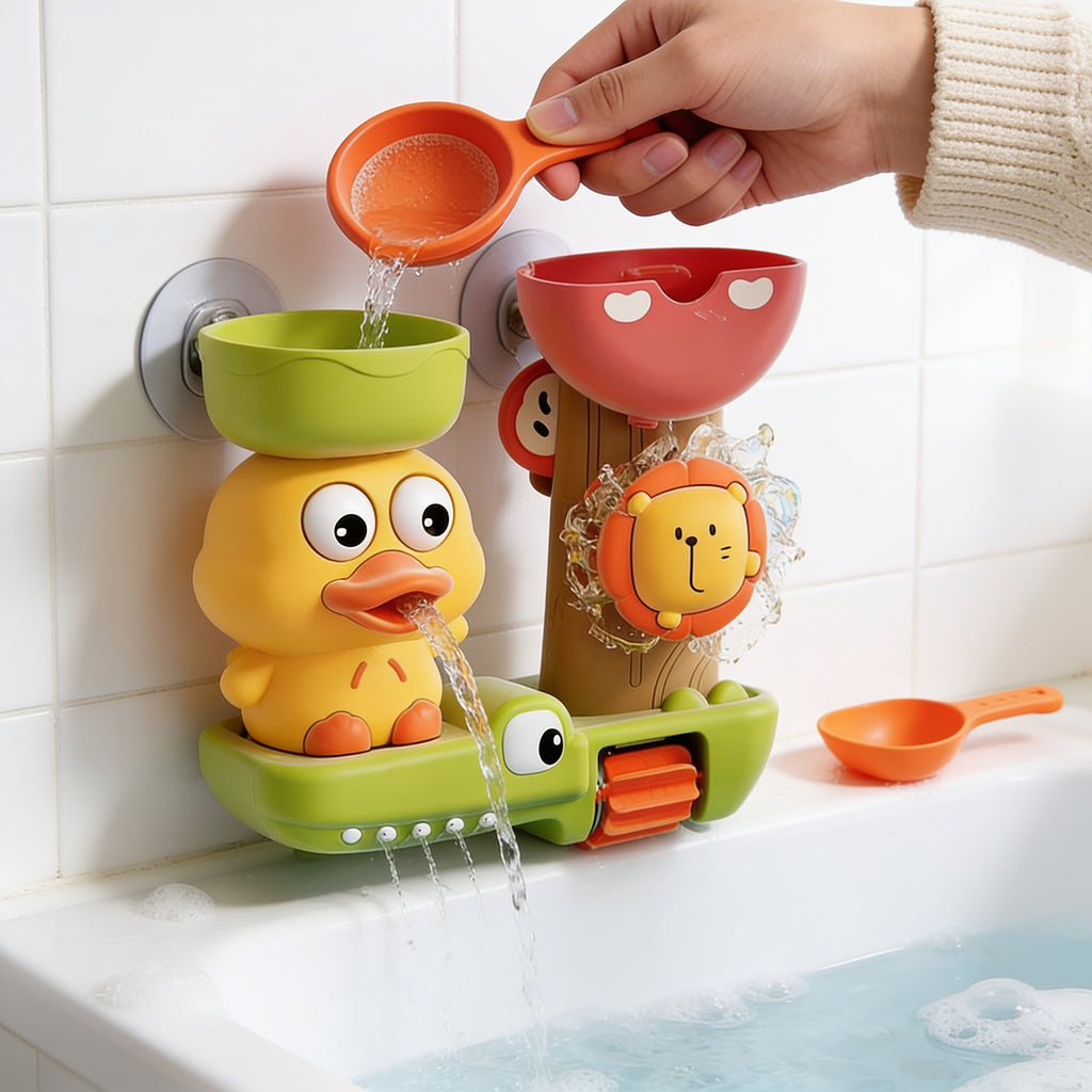 Lumiwee Duck and flower water wheel bath toy: pouring water from the scoop into the duck toy