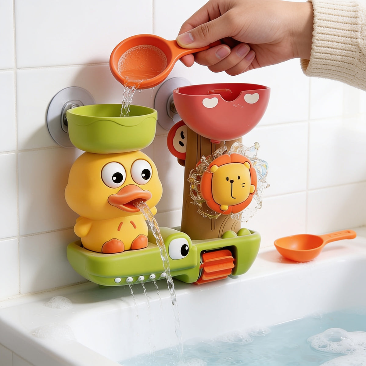Lumiwee Duck and flower water wheel bath toy: pouring water from the scoop into the duck toy