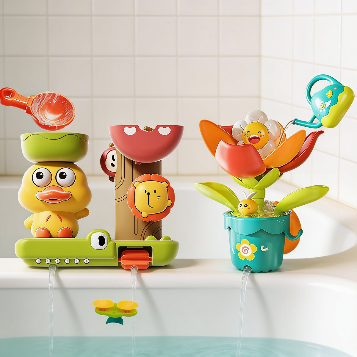 Lumiwee Duck and flower water wheel bath toy: the duck and flower styles side by side with their pouring tools