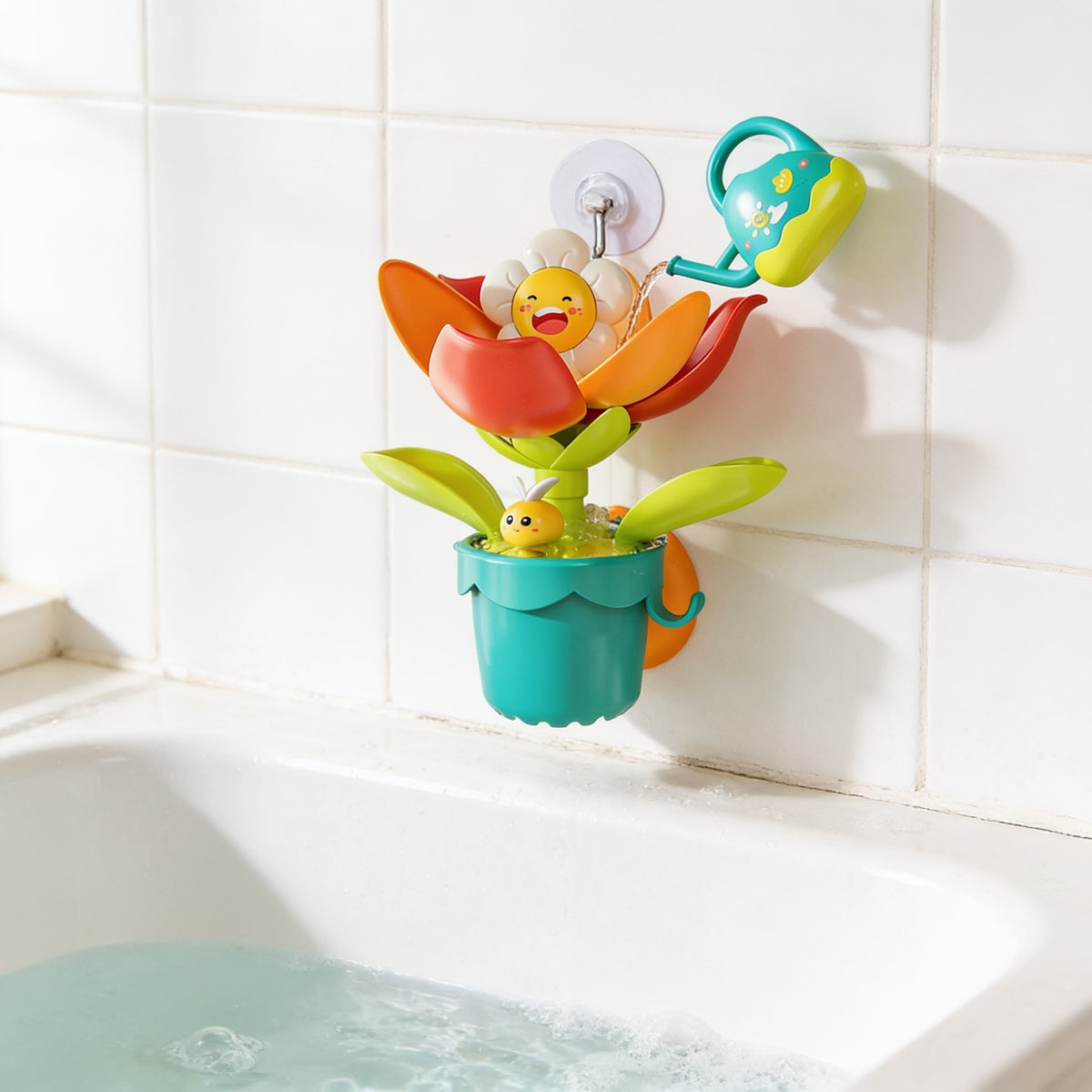 Lumiwee Duck and flower water wheel bath toy, Flower option, in a bright room