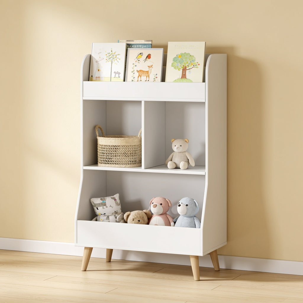 Lumiwee Elm kids bookshelf with toy cubbies: white kids bookshelf with face-out books, cubbies and a toy bin
