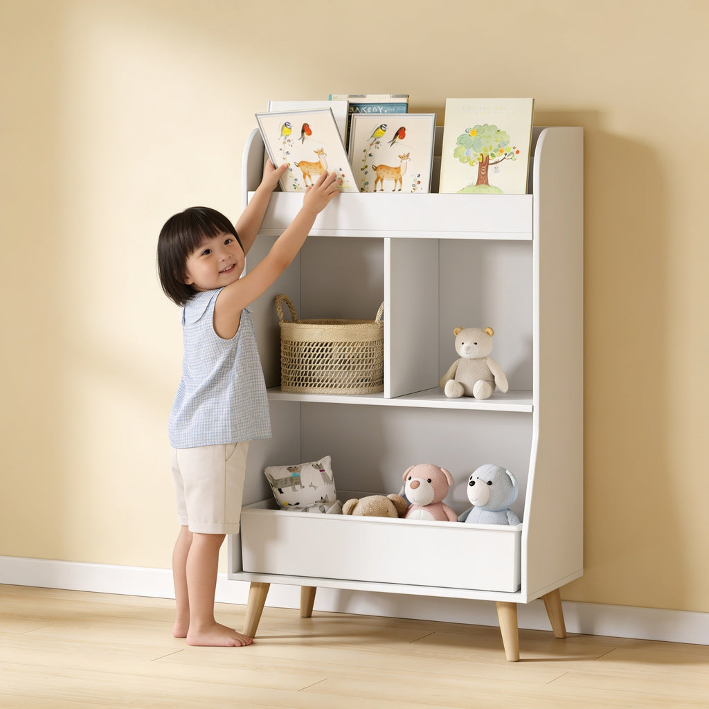 Lumiwee Elm kids bookshelf with toy cubbies: girl taking a picture book from the top rack