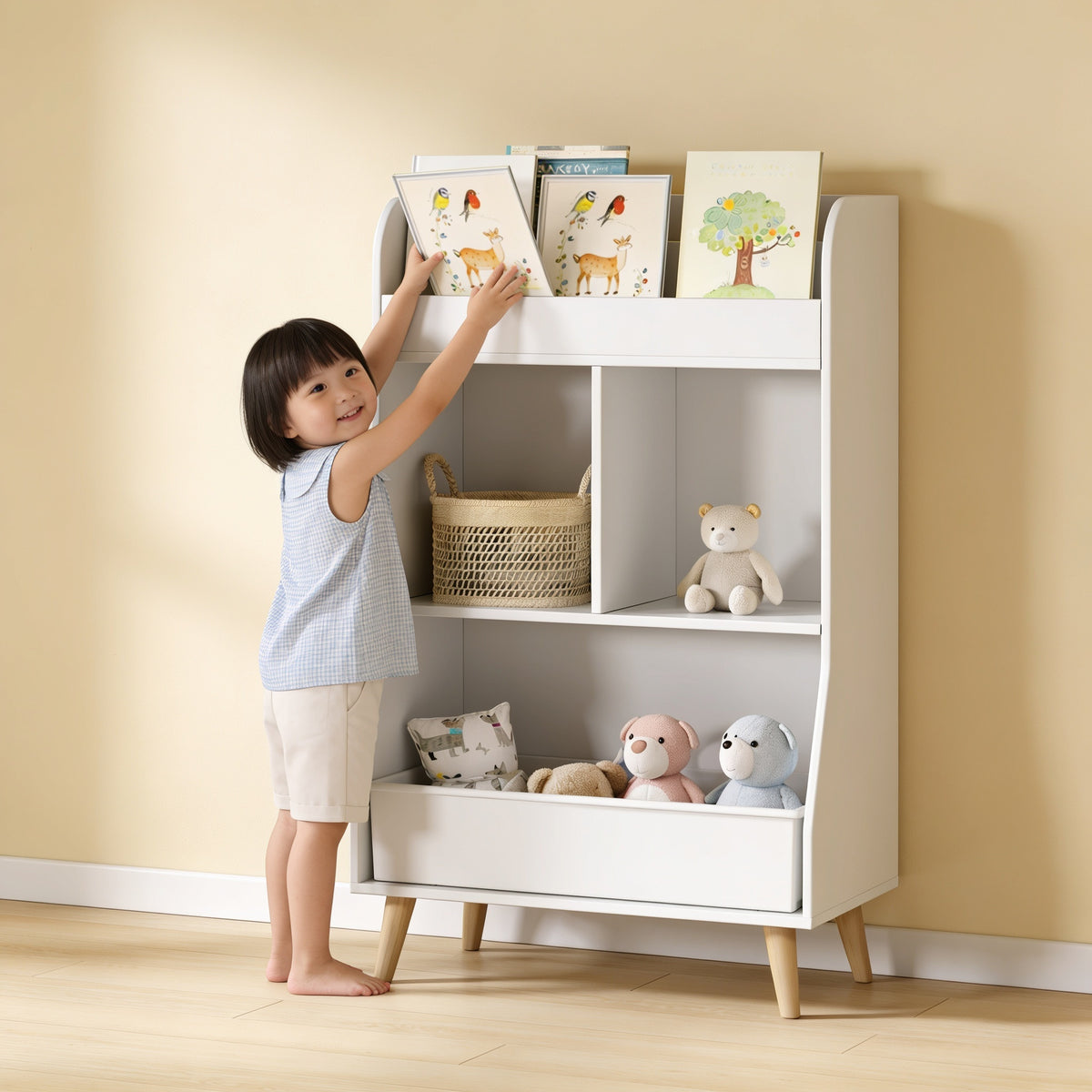 Lumiwee Elm kids bookshelf with toy cubbies: girl taking a picture book from the top rack