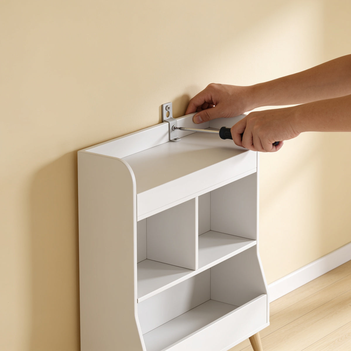 Lumiwee Elm kids bookshelf with toy cubbies: fixing the anti-tip bracket to the wall