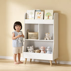 Lumiwee Elm kids bookshelf with toy cubbies: child standing beside the bookshelf for scale