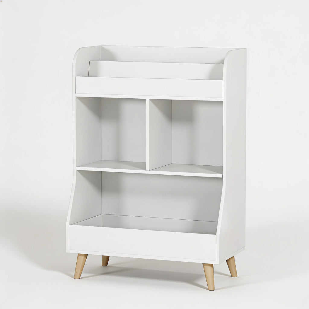 Lumiwee Elm kids bookshelf with toy cubbies: white kids bookshelf on a plain background