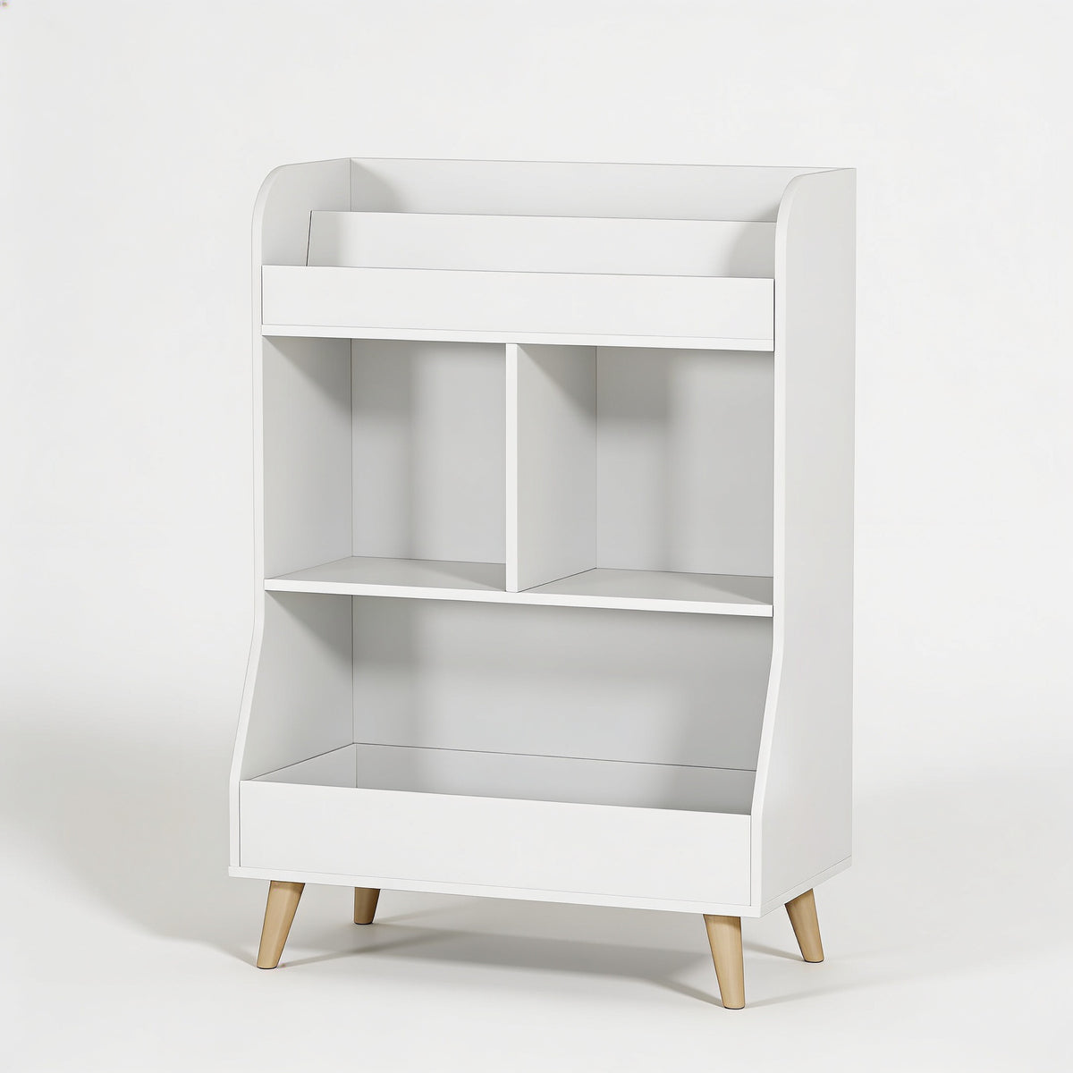 Lumiwee Elm kids bookshelf with toy cubbies: white kids bookshelf on a plain background