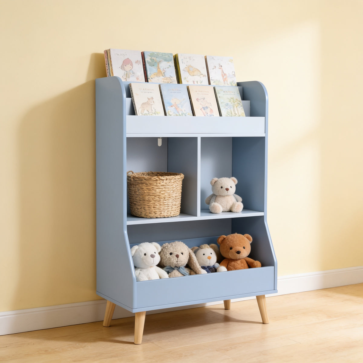 Lumiwee Elm kids bookshelf with toy cubbies, Light Blue option, in a bright room
