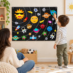 Lumiwee Fable Felt Board: child places a planet on the Starry Sky board with an adult nearby