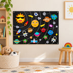Lumiwee Fable Felt Board: Starry Sky theme hung in a bright playroom