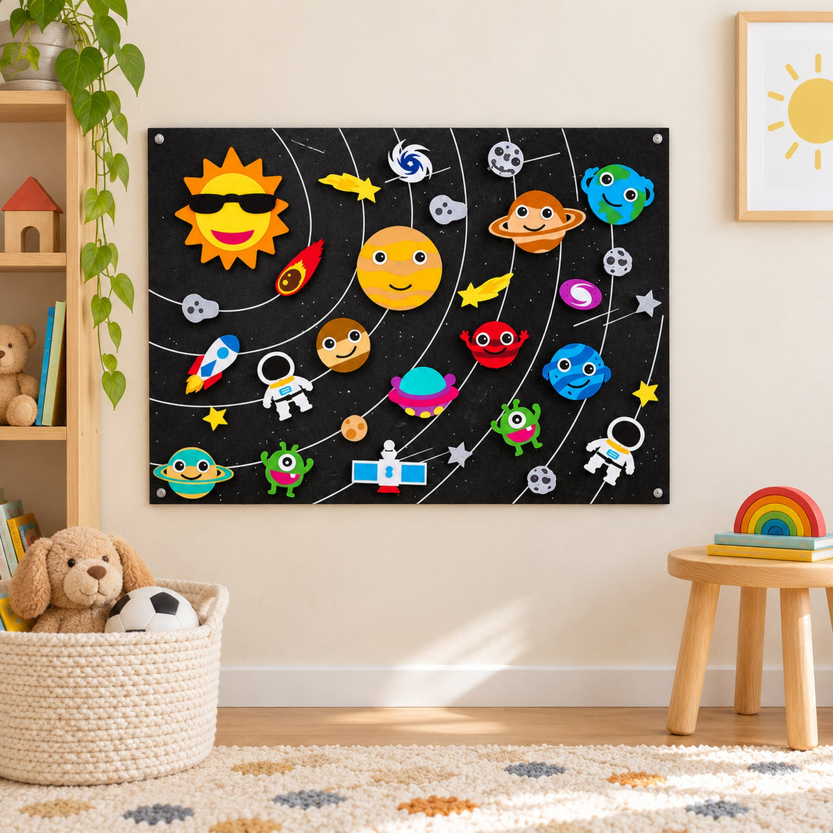 Lumiwee Fable Felt Board: Starry Sky theme hung in a bright playroom