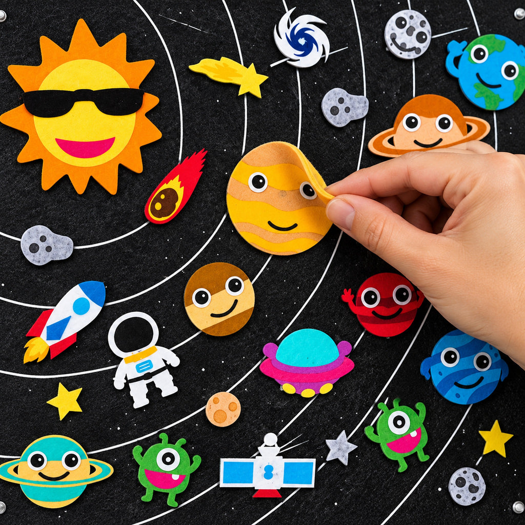 Lumiwee Fable Felt Board: adult peels the edge of a felt planet from the board