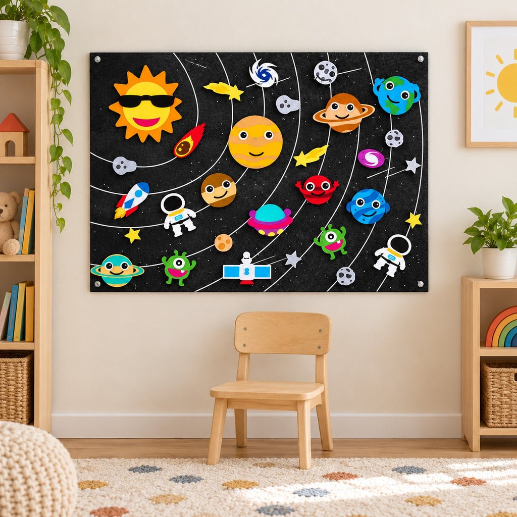 Lumiwee Fable Felt Board: full board above a child-sized wooden chair