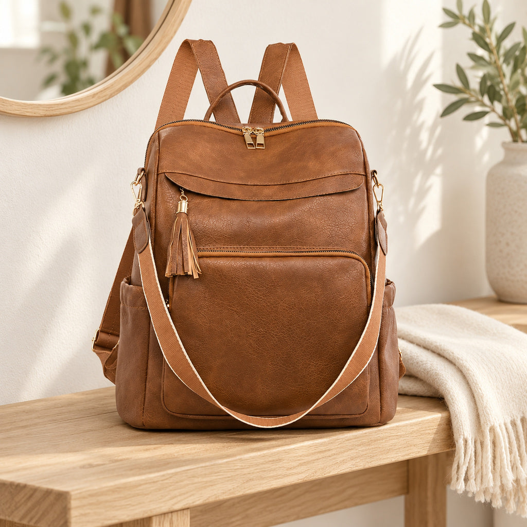 Lumiwee Finch Vegan Leather Backpack Purse: brown bag on an oak entryway bench