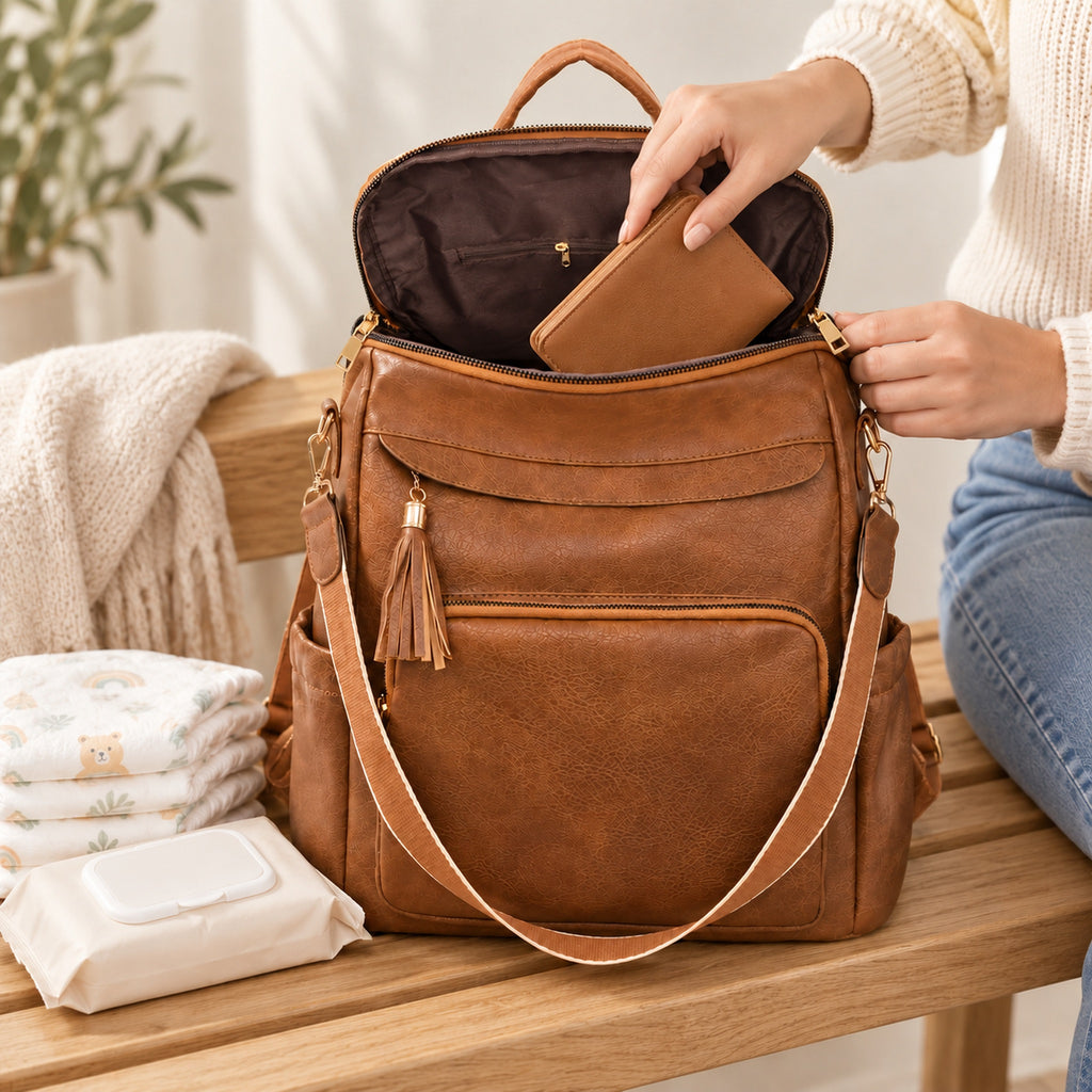 Lumiwee Finch Vegan Leather Backpack Purse: adult packs a wallet into the open bag