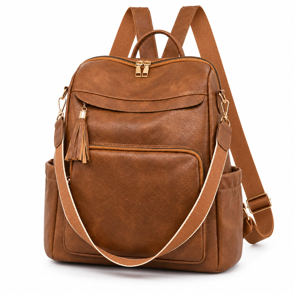 Lumiwee Finch Vegan Leather Backpack Purse: brown bag on a white background