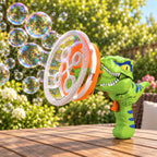 Lumiwee green Fizz dinosaur bubble gun on a garden table with bubbles