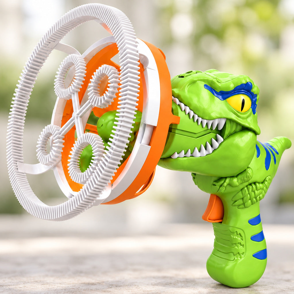 Close-up of the Fizz dinosaur bubble head and four inner rings