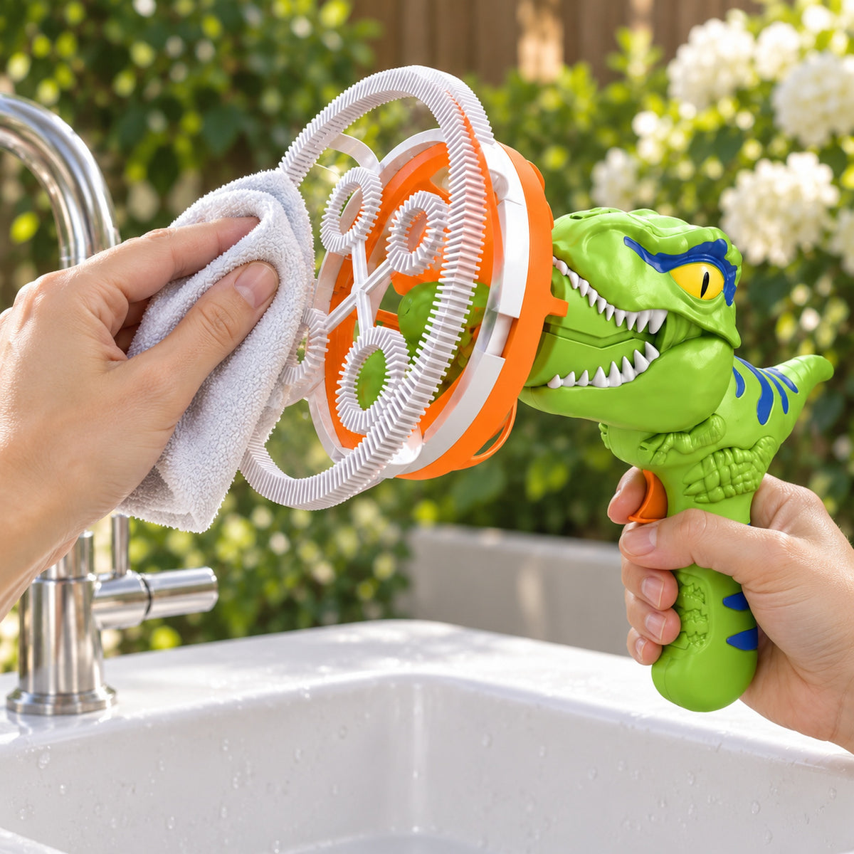 Adult wiping the Fizz dinosaur bubble rings with a damp cloth