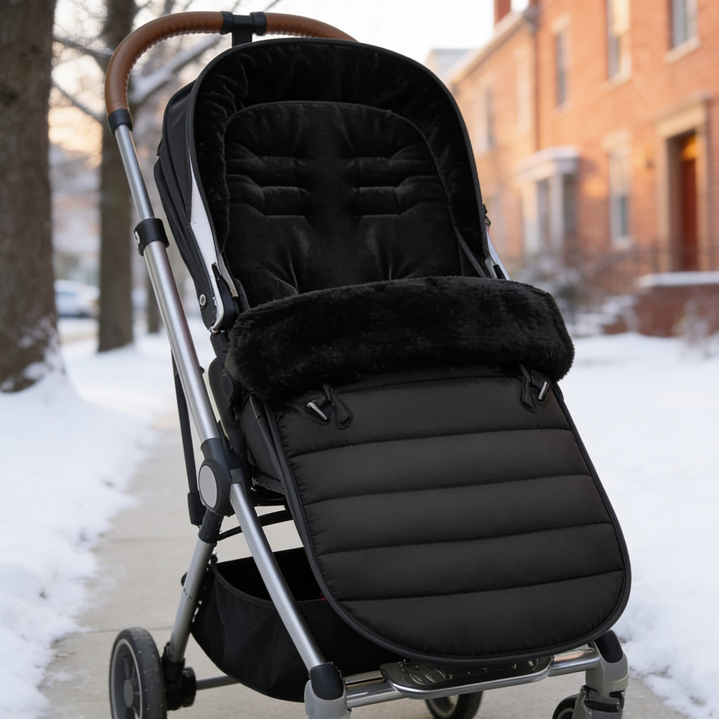 Lumiwee Flurry winter stroller bunting bag: black bunting bag in a stroller on a snowy sidewalk